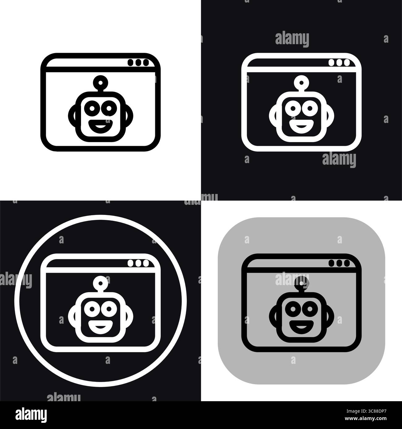 Cette icône représente un chatbot IA convivial affiché dans une fenêtre de navigateur Web. Parfait pour représenter le service client IA ou les assistants virtuels. Illustration de Vecteur