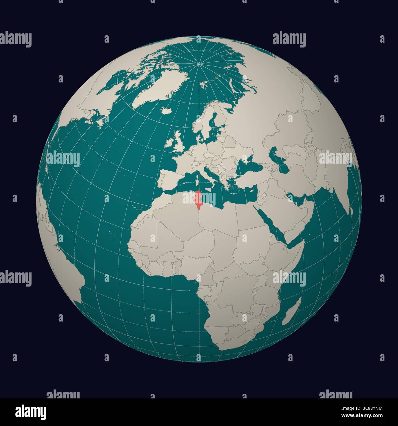 Tunisie sur la carte Globe centré sur la Tunisie. Emplacement du pays sur la carte du monde. Palette de couleurs sarcelle menthe pâle. Illustration de Vecteur
