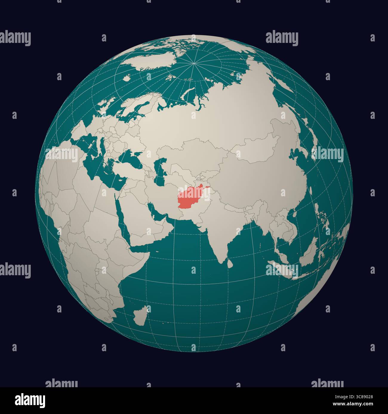 Afghanistan sur la carte Globe centré sur l'Afghanistan. Emplacement du pays sur la carte du monde. Palette de couleurs sarcelle menthe pâle. Illustration de Vecteur