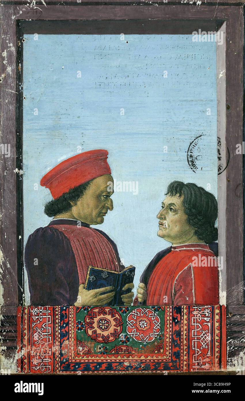 Federico Montefeltro avec l'écrivain humaniste Cristoforo Landino, dans un exemple de tapis orientaux dans la peinture Renaissance, XVe siècle Sandro Botticelli Banque D'Images