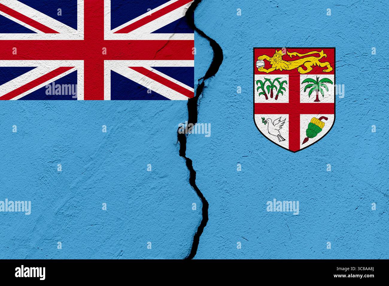 Le drapeau de la République des Fidji dans un mur fissuré grunge. Concept géopolitique et catastrophe naturelle Banque D'Images