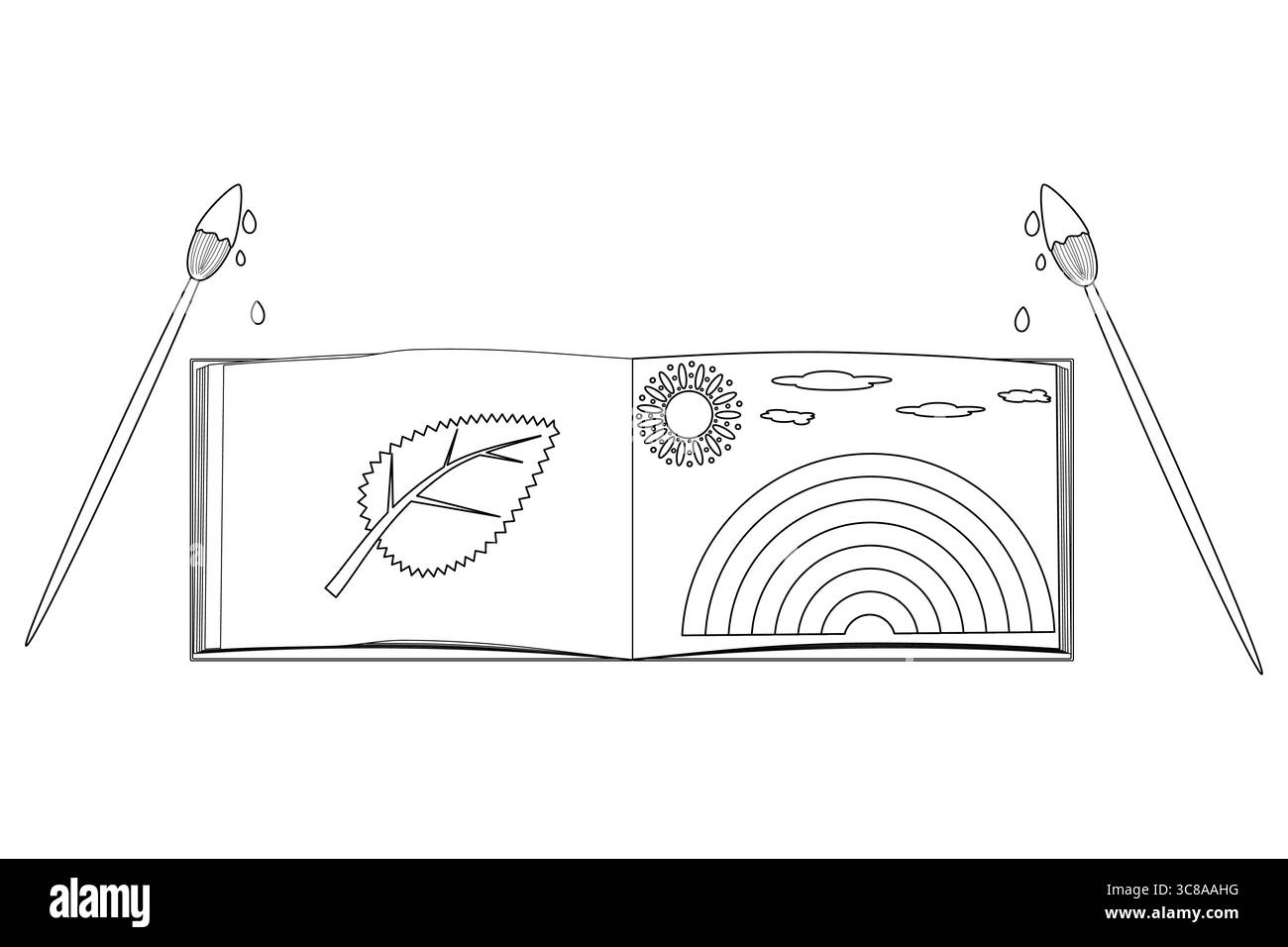 Coloriage avec dessin de contour de livre de coloriage ouvert avec feuille d'automne, soleil, nuages et arc-en-ciel. Fournitures artistiques et pinceaux. Pour divertir ki Illustration de Vecteur