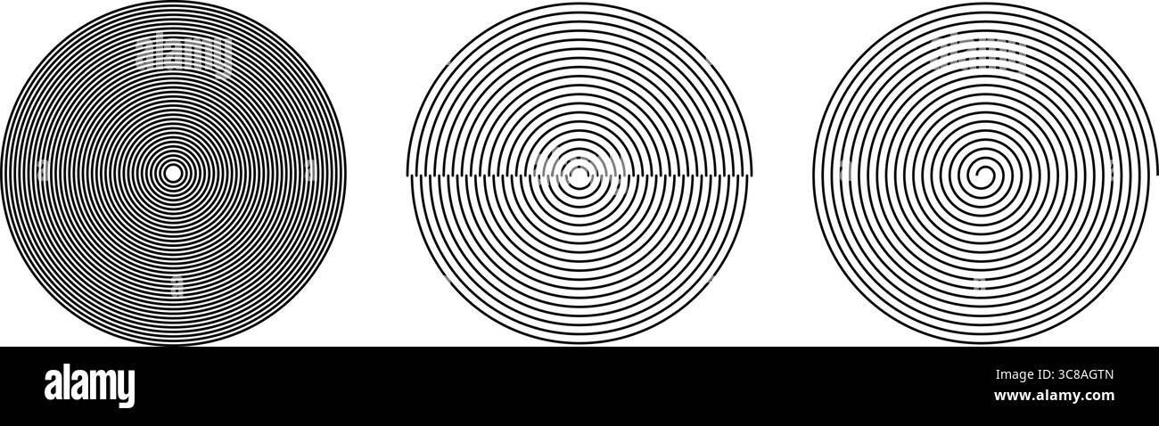 Cercles concentriques et forme de spirale isolés sur fond blanc. Imprimé hypnotique. Formes géométriques simples. Panneaux d'ondes sonores, de tornade, d'entonnoir ou de bain à remous. Illustration graphique vectorielle. Illustration de Vecteur