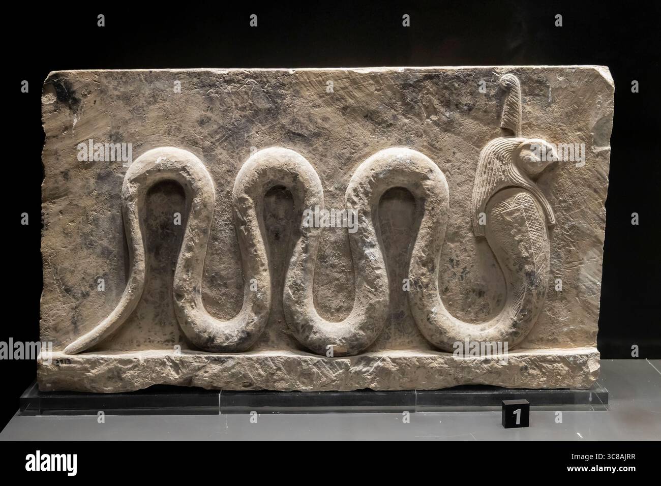 Musée gréco-romain, stèle avec relief de divinité serpent à tête de faucon, Alexandrie, Egypte, Afrique du Nord, Afrique Banque D'Images