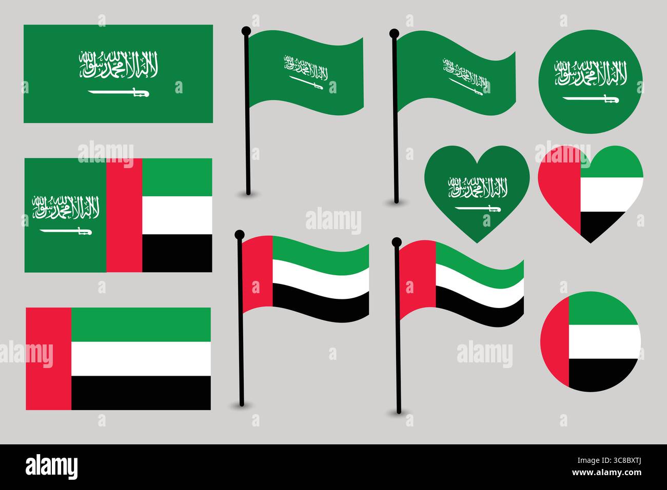 Collection de drapeaux de l'Arabie saoudite et des Émirats arabes Unis dans divers modèles. Illustration de Vecteur