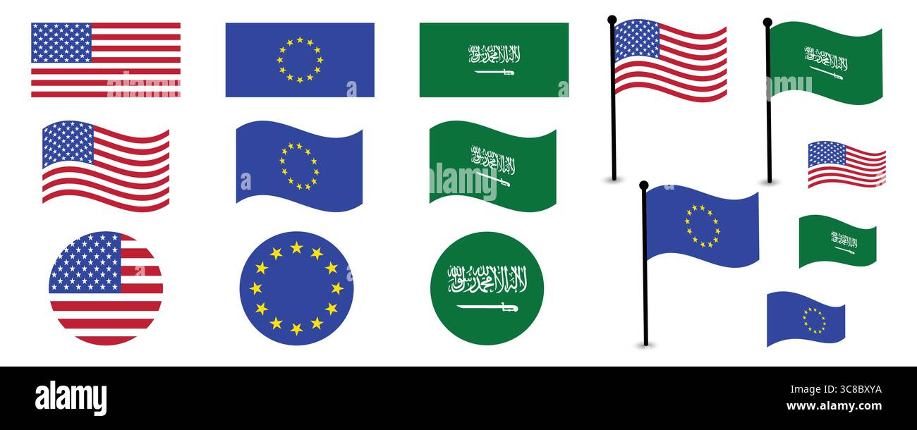 Drapeaux des États-Unis, de l'UE et de l'Arabie Saoudite dans différents styles. Illustration de Vecteur