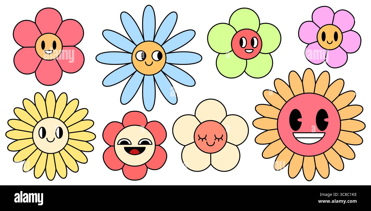 Personnages rétro groovy Marguerite avec des visages souriants. Ensemble de fleurs mignonnes avec des pétales roses, bleus et rouges aux expressions joyeuses. Fleurs de style hippie vintage pour des designs nostalgiques et des vibrations positives. Illustration de Vecteur