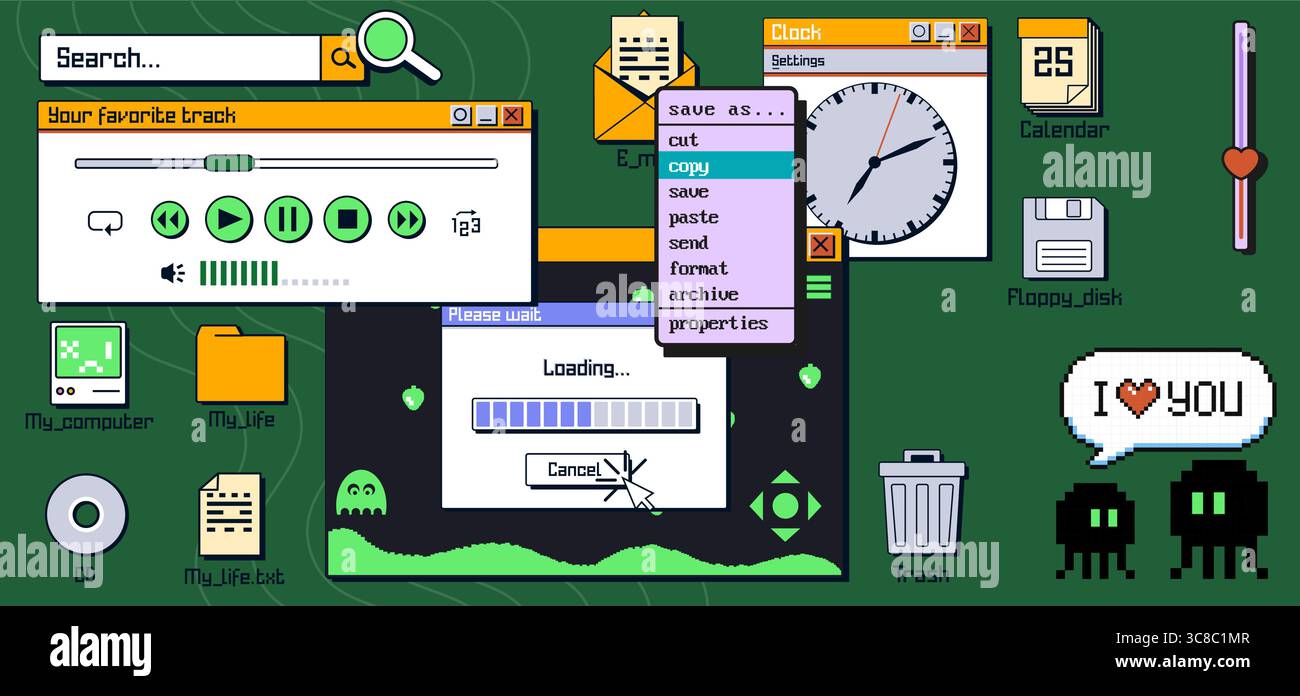 Interface de bureau rétro y2k - fenêtres Internet nostalgiques du lecteur de musique, widget horloge, barres de chargement et icônes pixelisées pour l'esthétique web vintage, collage numérique et conception de l'ère du millénaire Illustration de Vecteur