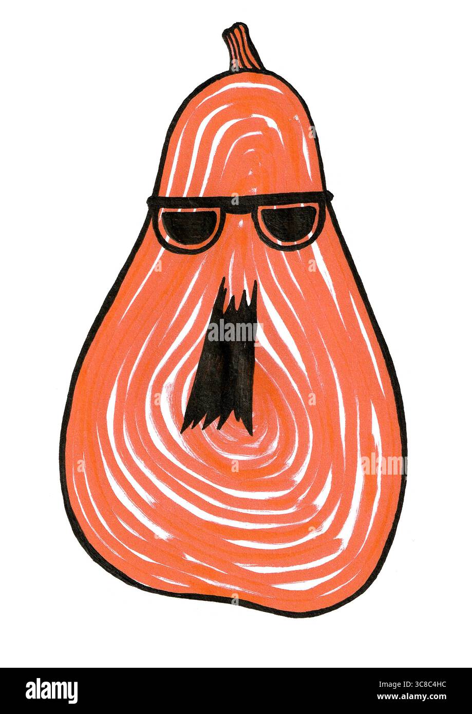 Illustration stylisée d'une lanterne Jack o . Citrouille allongée. Porter des lunettes foncées. Couleur orange. Contour noir, lunettes et bouche. Rempli d'ora Banque D'Images