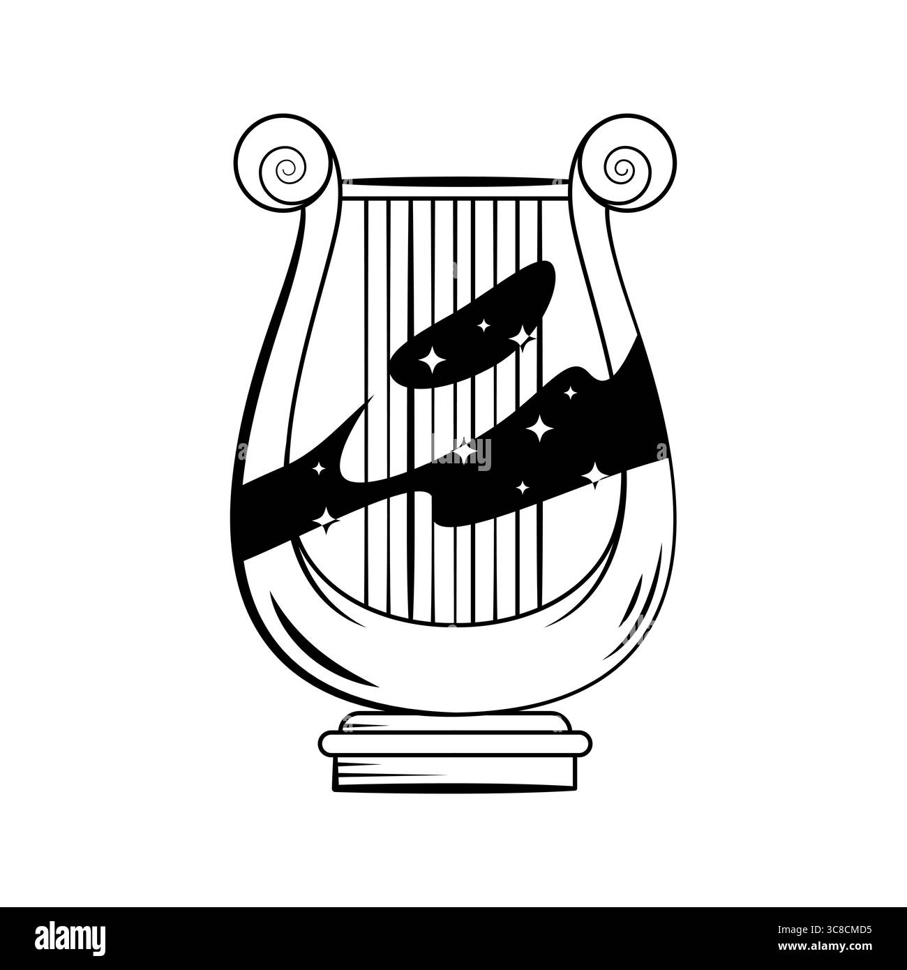 Mal grec avec cosmos ou lyre avec étoiles. Instrument de musique vectoriel avec élément de ciel nocturne ou nébuleuse. Symbole de chaîne acoustique antique ou antique. Sculpture d'art céleste. Mélodie et son, icône musique. Illustration de Vecteur