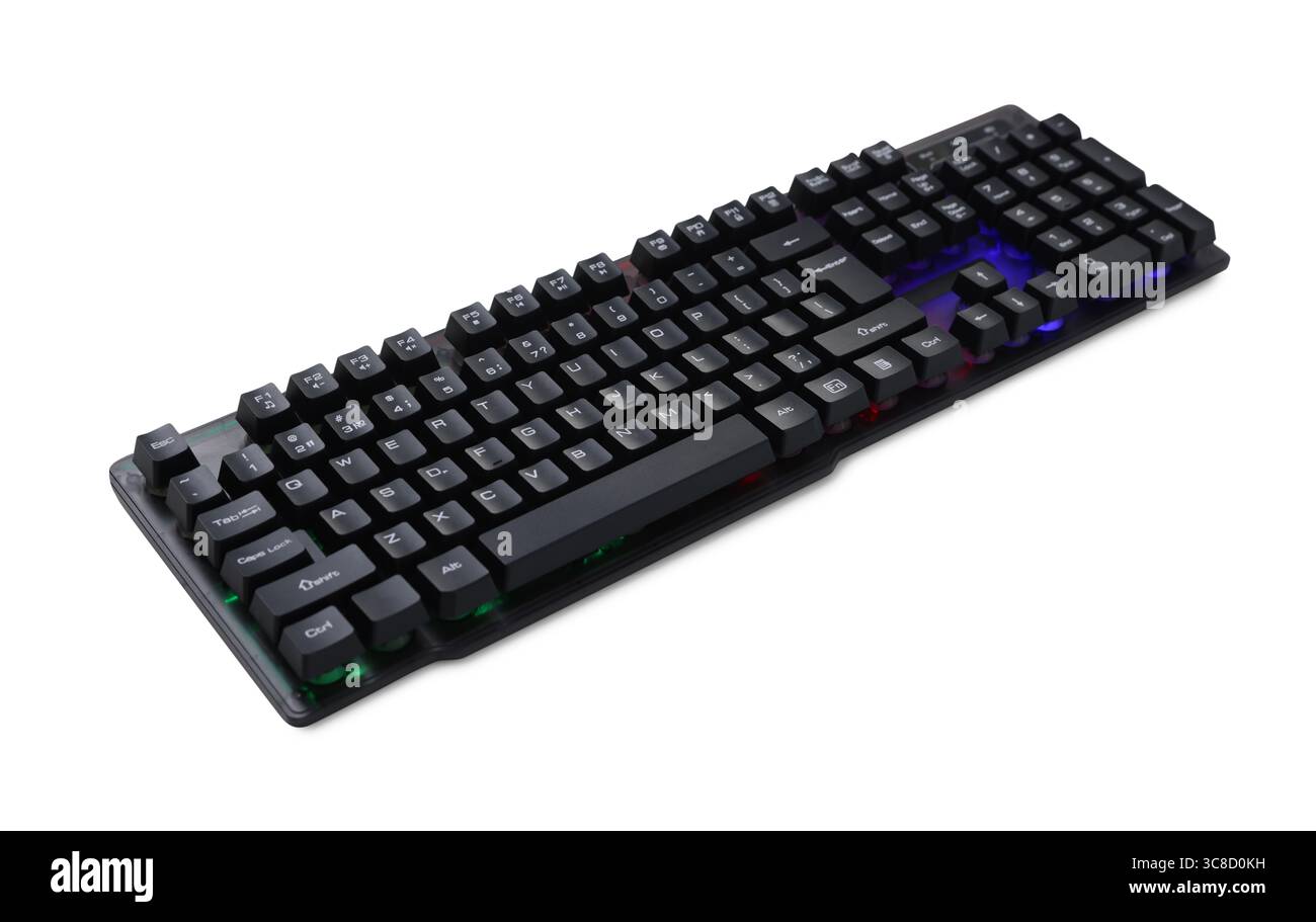 Clavier d'ordinateur moderne avec éclairage RGB isolé sur blanc Banque D'Images