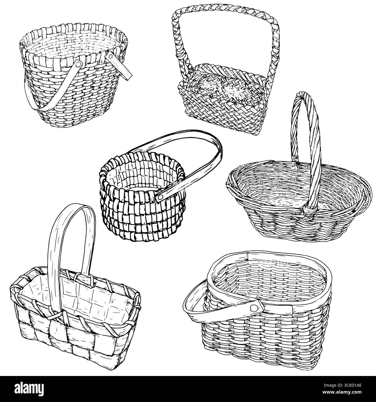 Un panier en osier fait de vignes avec une poignée, un ensemble de silhouettes noires et blanches. Illustration vectorielle. Esquisse un panier pour la cueillette des champignons et Illustration de Vecteur