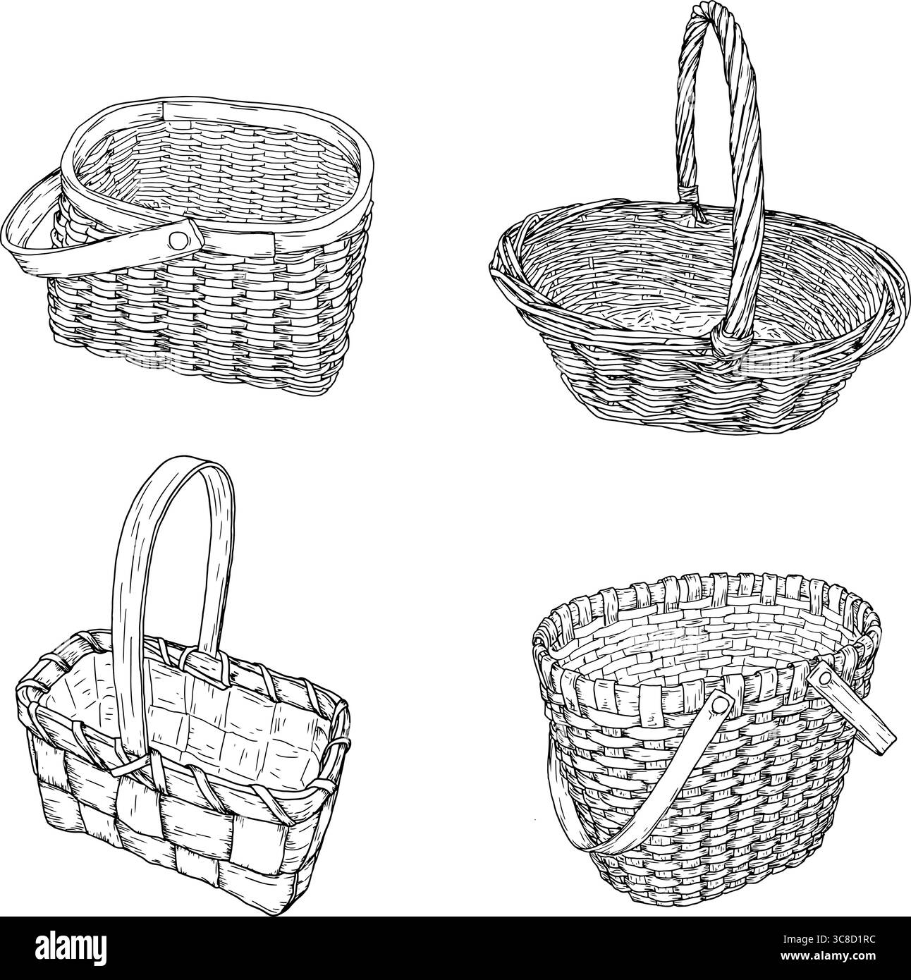 Un panier en osier fait de vignes avec une poignée, un ensemble de silhouettes noires et blanches. Illustration vectorielle. Esquisse un panier pour la cueillette des champignons et Illustration de Vecteur