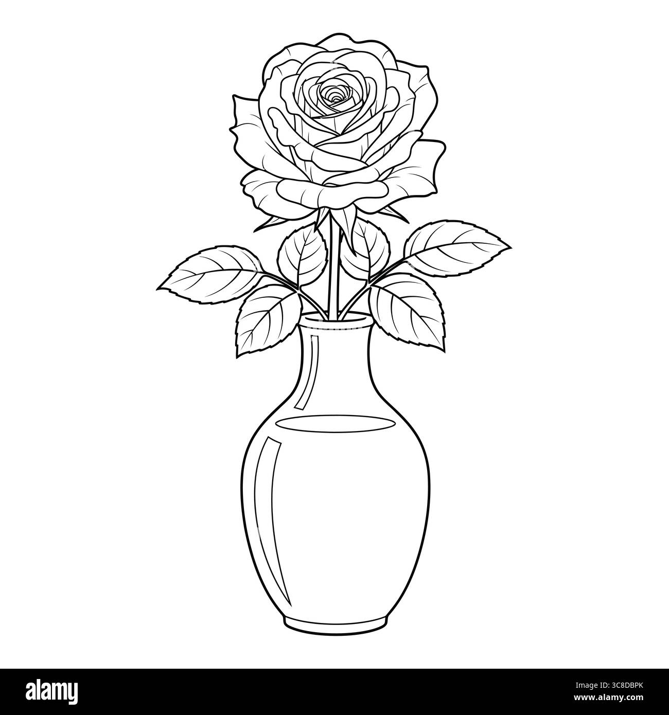 Ce dessin au trait élégant présente une belle rose en pleine floraison, debout haut dans un vase classique. Illustration de Vecteur