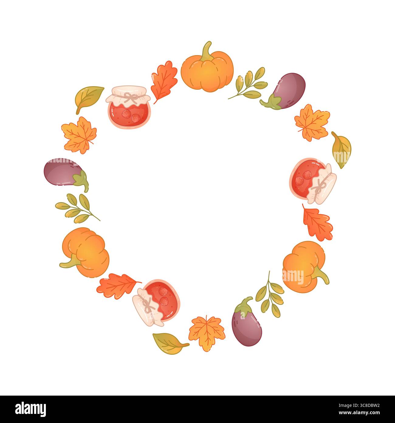 Cadre d'automne circulaire fabriqué à partir de citrouilles, aubergines, pots de confiture et feuilles. Parfait pour un décor saisonnier ou un design cottagecore. Illustration de Vecteur