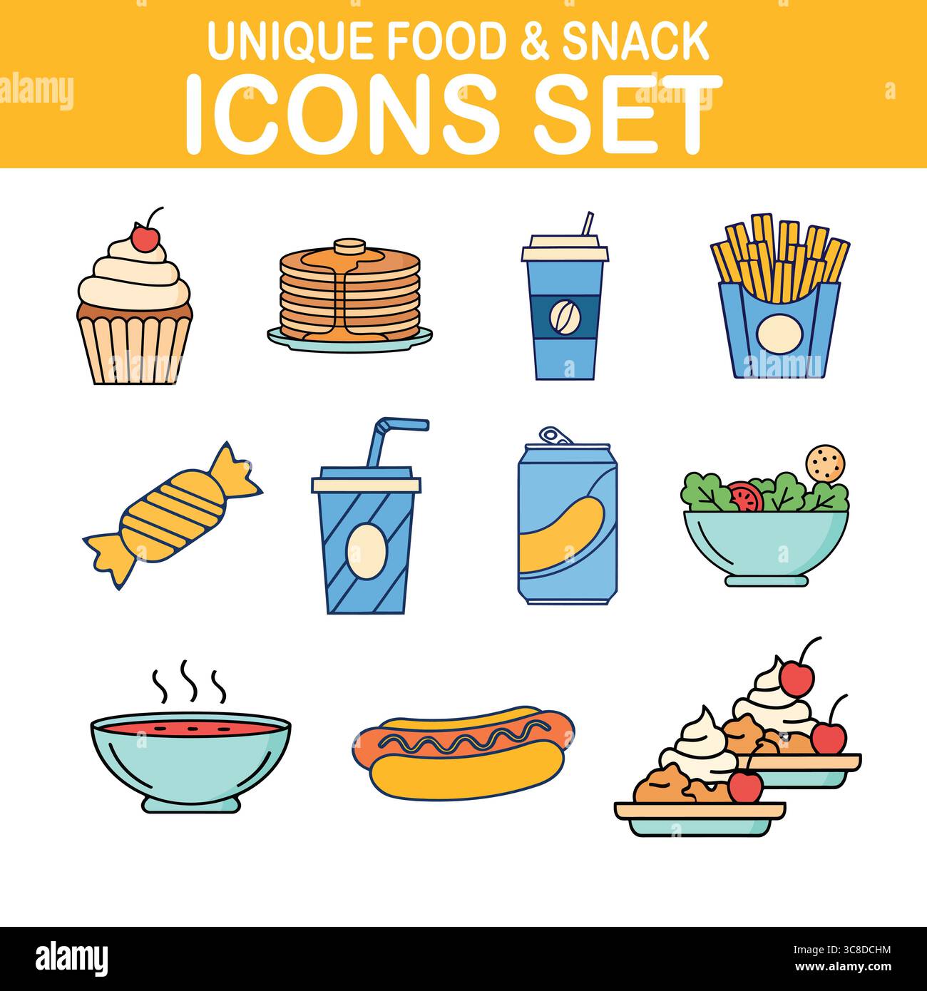 Cet ensemble unique d'icônes de nourriture et de collation présente un délicieux assortiment d'illustrations colorées, y compris un cupcake, des crêpes, des boissons gazeuses, des frites. Illustration de Vecteur