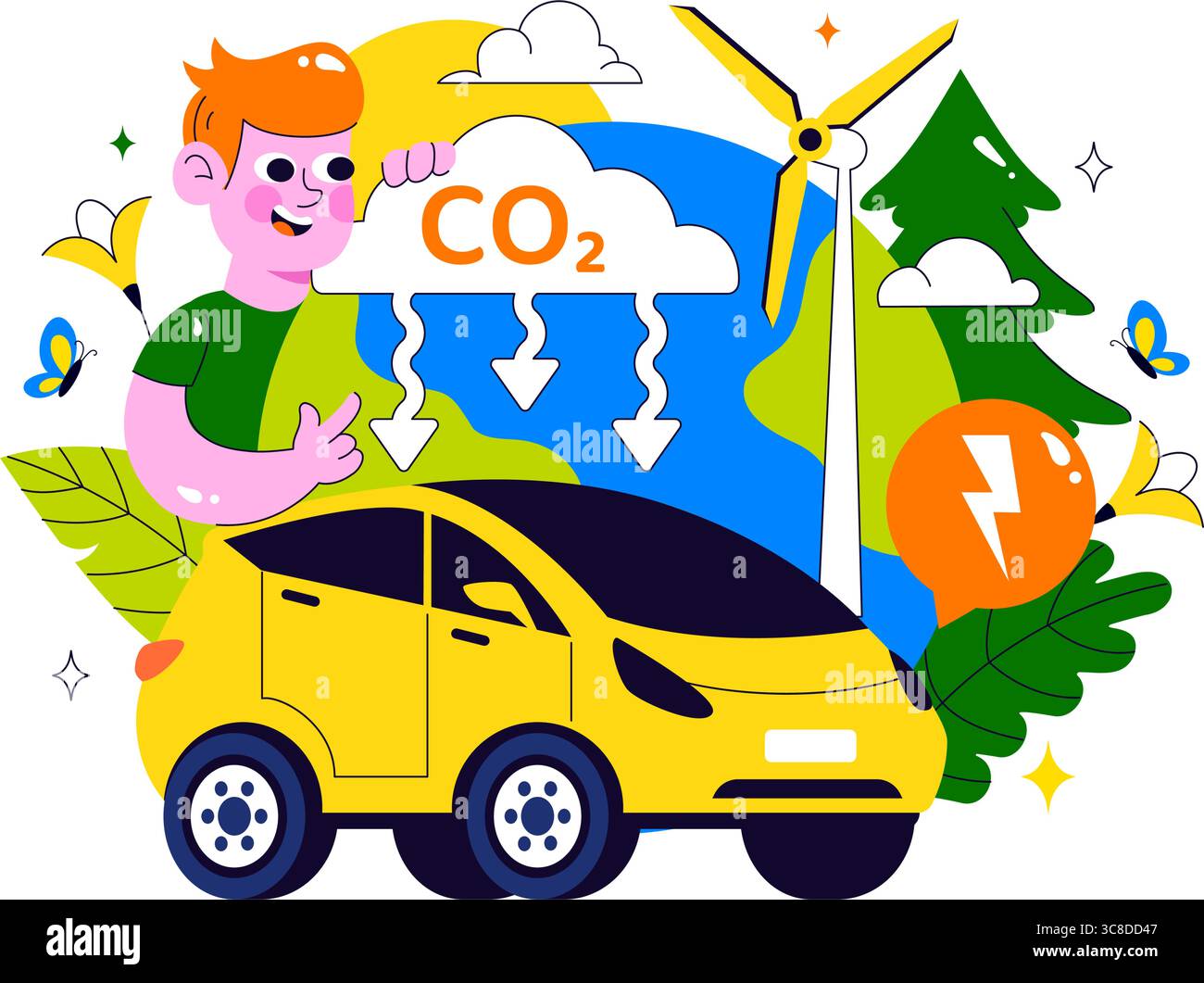 Illustration de la réduction de l'empreinte carbone présentant l'analyse de l'effet de la pollution environnementale avec CO2, impact sur la nature, le climat et l'équilibre écologique global Illustration de Vecteur