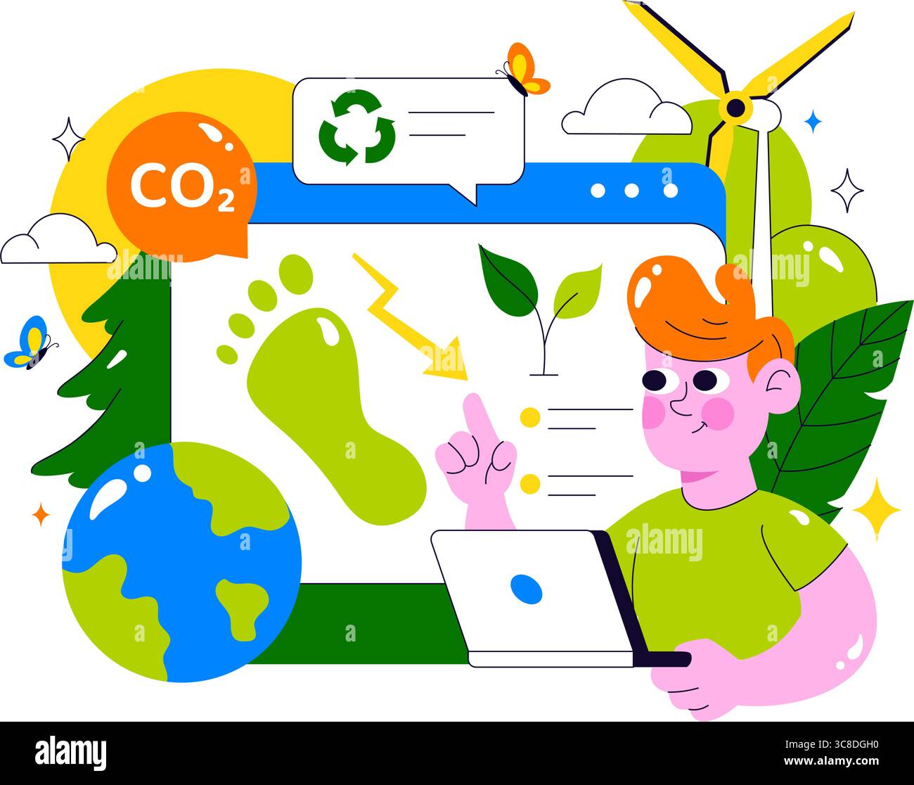 Illustration de la réduction de l'empreinte carbone présentant l'analyse de l'effet de la pollution environnementale avec CO2, impact sur la nature, le climat et l'équilibre écologique global Illustration de Vecteur Illustration de la réduction de l'empreinte carbone présentant l'analyse de l'effet de la pollution environnementale avec CO2, impact sur la nature, le climat et l'équilibre écologique global Illustration de Vecteur