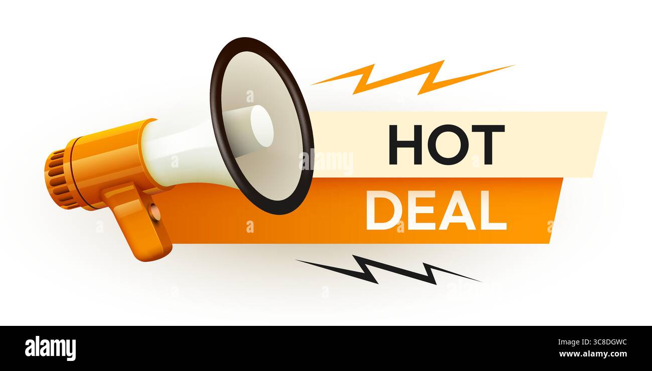 Hot Deal tag avec mégaphone. Affiche promotionnelle spéciale. Symbole de promotion des soldes. Illustration vectorielle Illustration de Vecteur