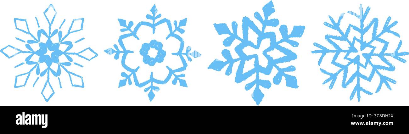 Ensemble de jolis flocons de neige bleus de Noël dessinés dans des textures pastel, crayon, craie et fusain. Collection de fêtes pour enfant au style grunge de la Reine des neiges Illustration de Vecteur