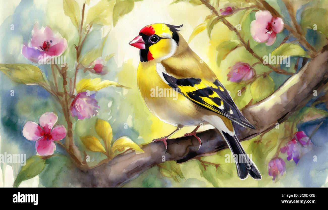 Finch doré en fleurs – oiseaux aquarelle et fleurs vibrantes Banque D'Images