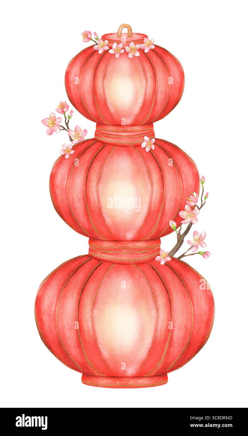 Triple lanterne rouge aquarelle avec fleurs de cerisier Sakura et brindilles pour la célébration de l'année chinoise. Clipart du nouvel an lunaire. Illustration dessinée à la main pour Banque D'Images