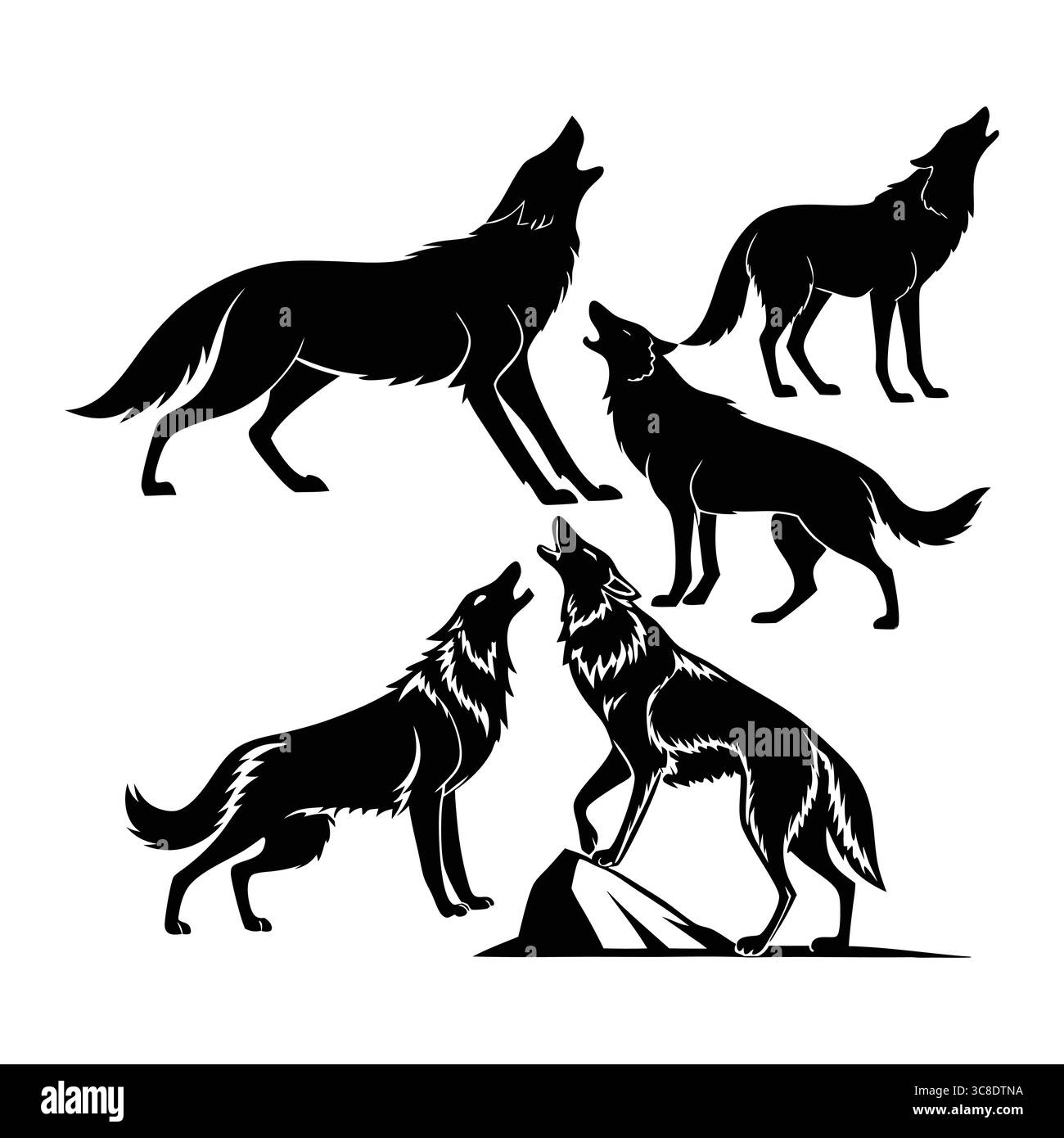 Collection de silhouettes de loup arabe hurlant et posant dans différentes positions Illustration de Vecteur