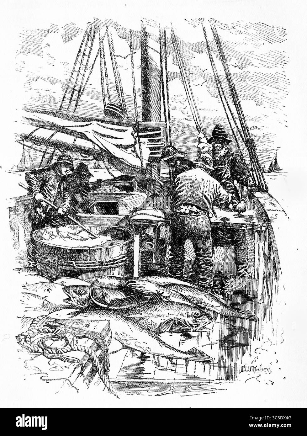 Les pêcheurs déguisent leur prise dans une scène de Captain Courageous de Rudyard Kipling Banque D'Images