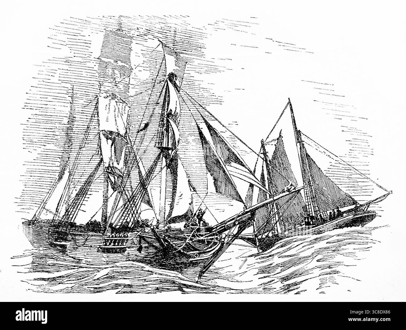 Les pêcheurs du We're Here rencontrent un autre navire en mer dans une scène de Captains Courageous de Rudyard Kipling Banque D'Images