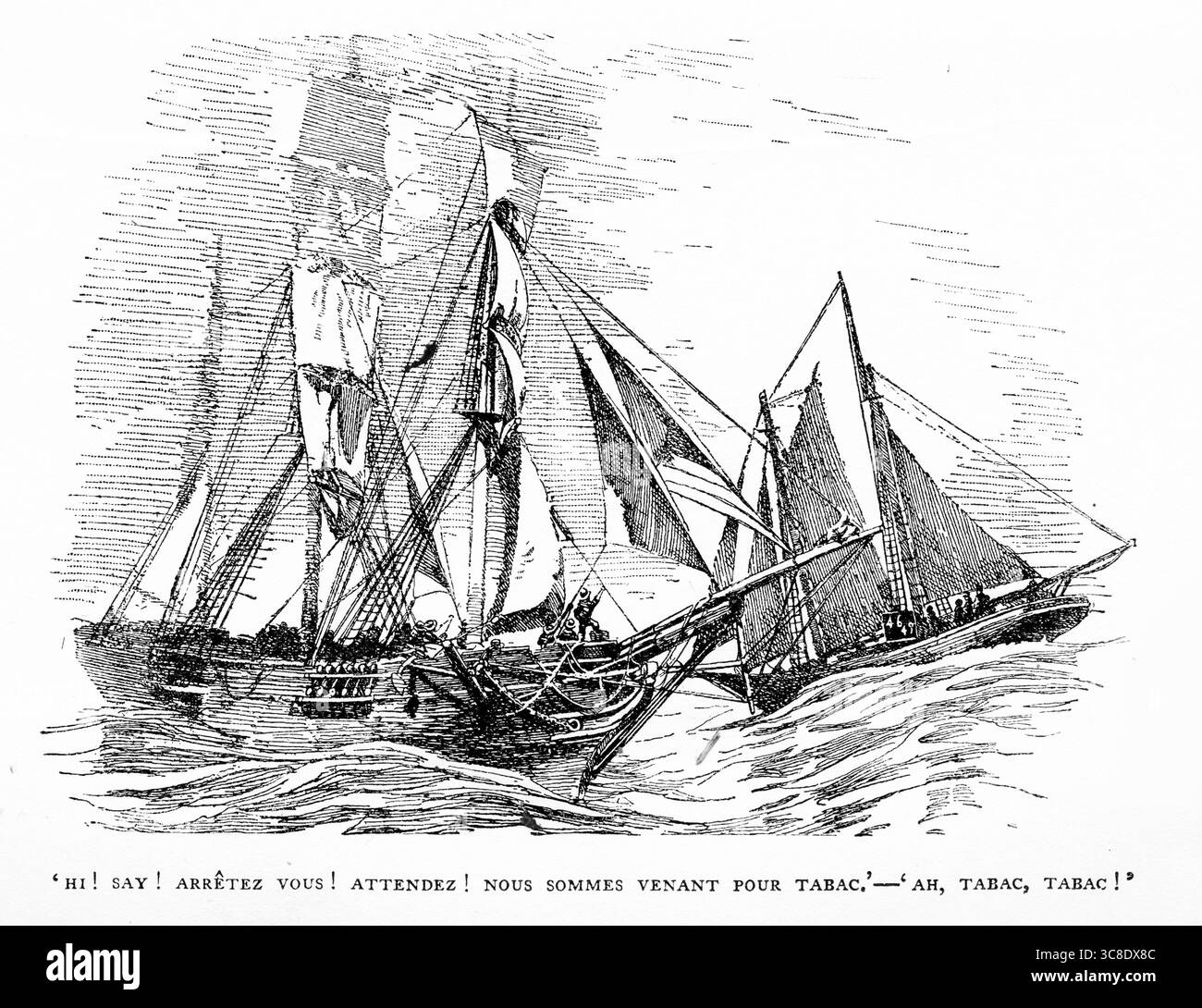 Les pêcheurs du We're Here rencontrent un autre navire en mer dans une scène de Captains Courageous de Rudyard Kipling Banque D'Images