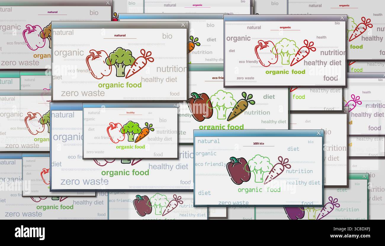 Concept de technologie de symbole de régime alimentaire naturel écologique et biologique. Signe abstrait sur les écrans de glitch illustration 3D. Banque D'Images