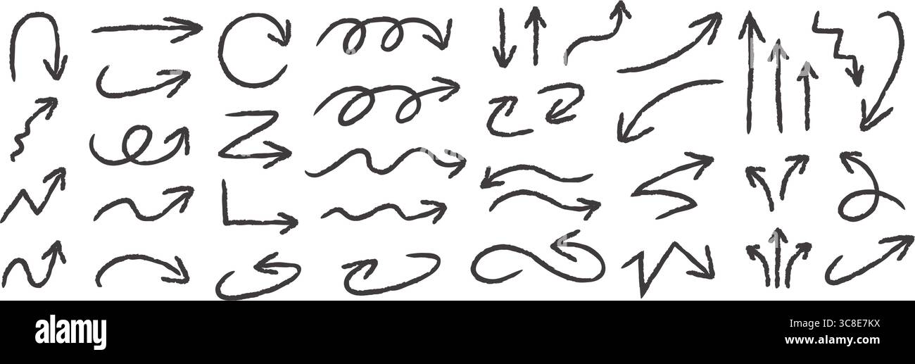flèches crayon à la craie dessiné à la main style écrit à la main. forme de direction de flèche de squiggle texturé ligne vers le haut et vers le bas symbole illustration vectorielle Illustration de Vecteur