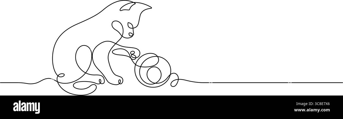 chat jouant tricoter laine ligne art dessin continu minimalisme décoratif Illustration de Vecteur