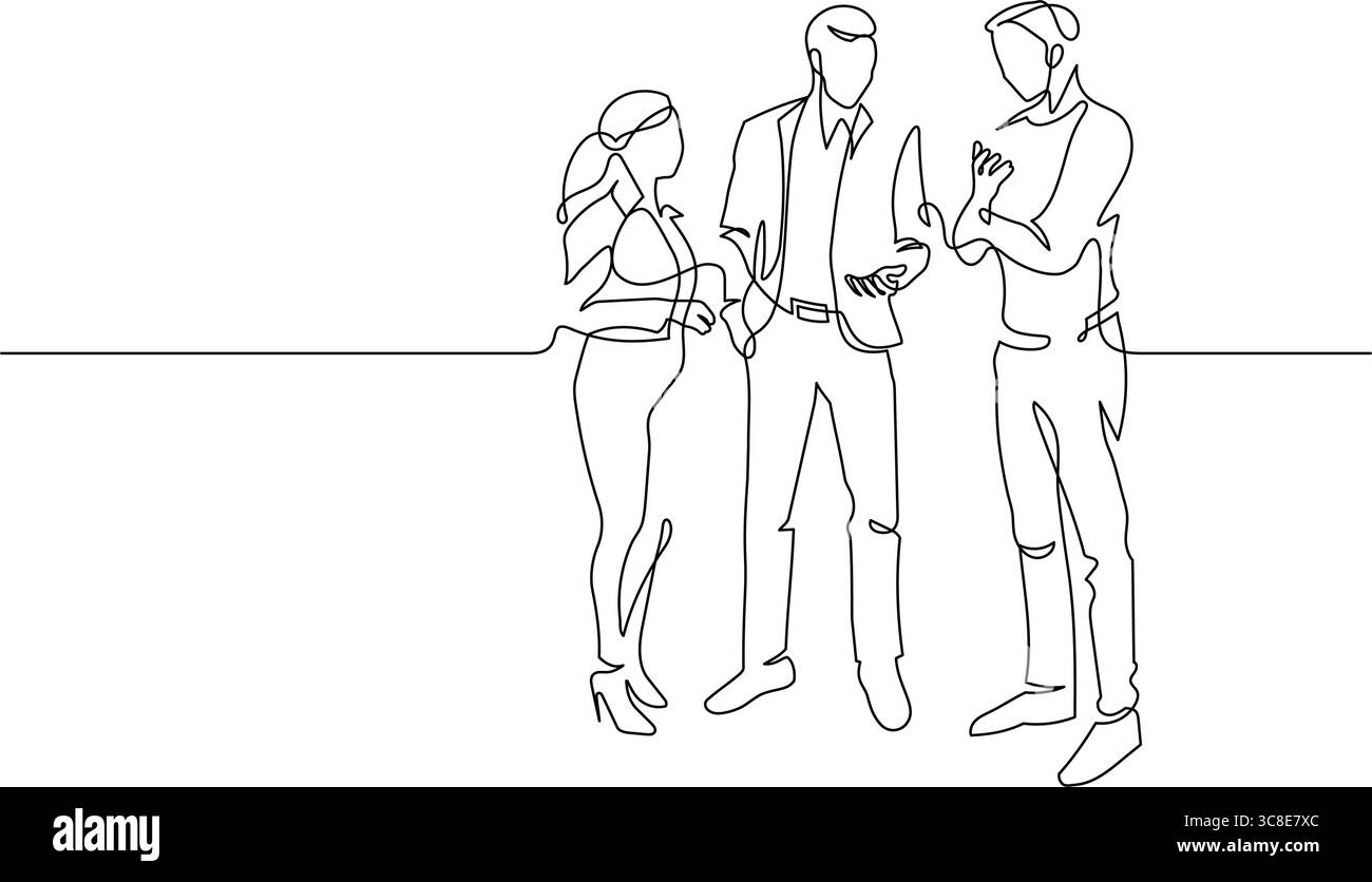 les collègues de l'équipe discutent du concept commercial une ligne dessinée en continu. brainstorming et contour de collègue illustration dessinée à la main Illustration de Vecteur