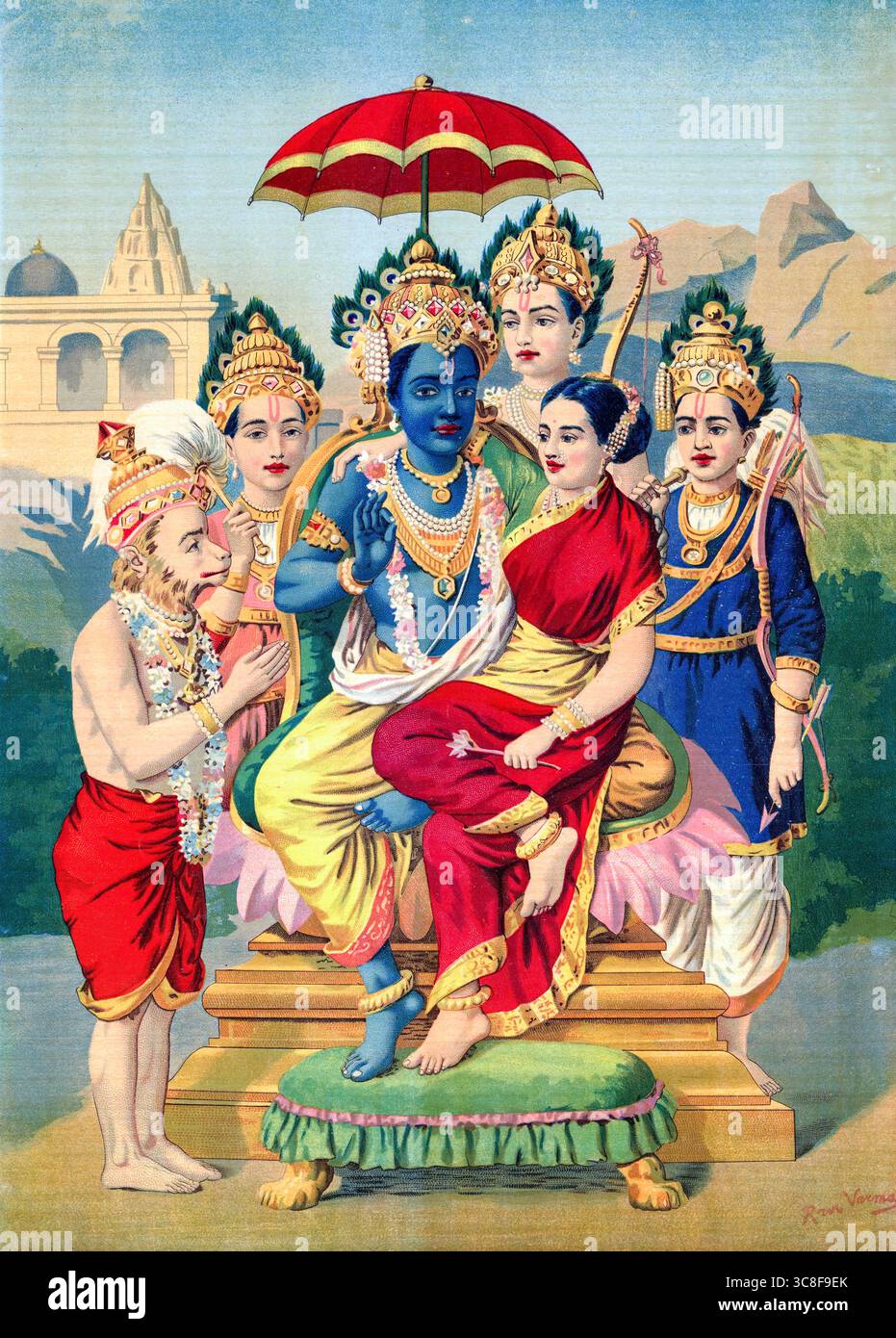 Raja ravi Varma, Ramapanchayan (Ram Panchayatan), lithographie, vers 1910 Banque D'Images Raja ravi Varma, Ramapanchayan (Ram Panchayatan), lithographie, vers 1910 Banque D'Images