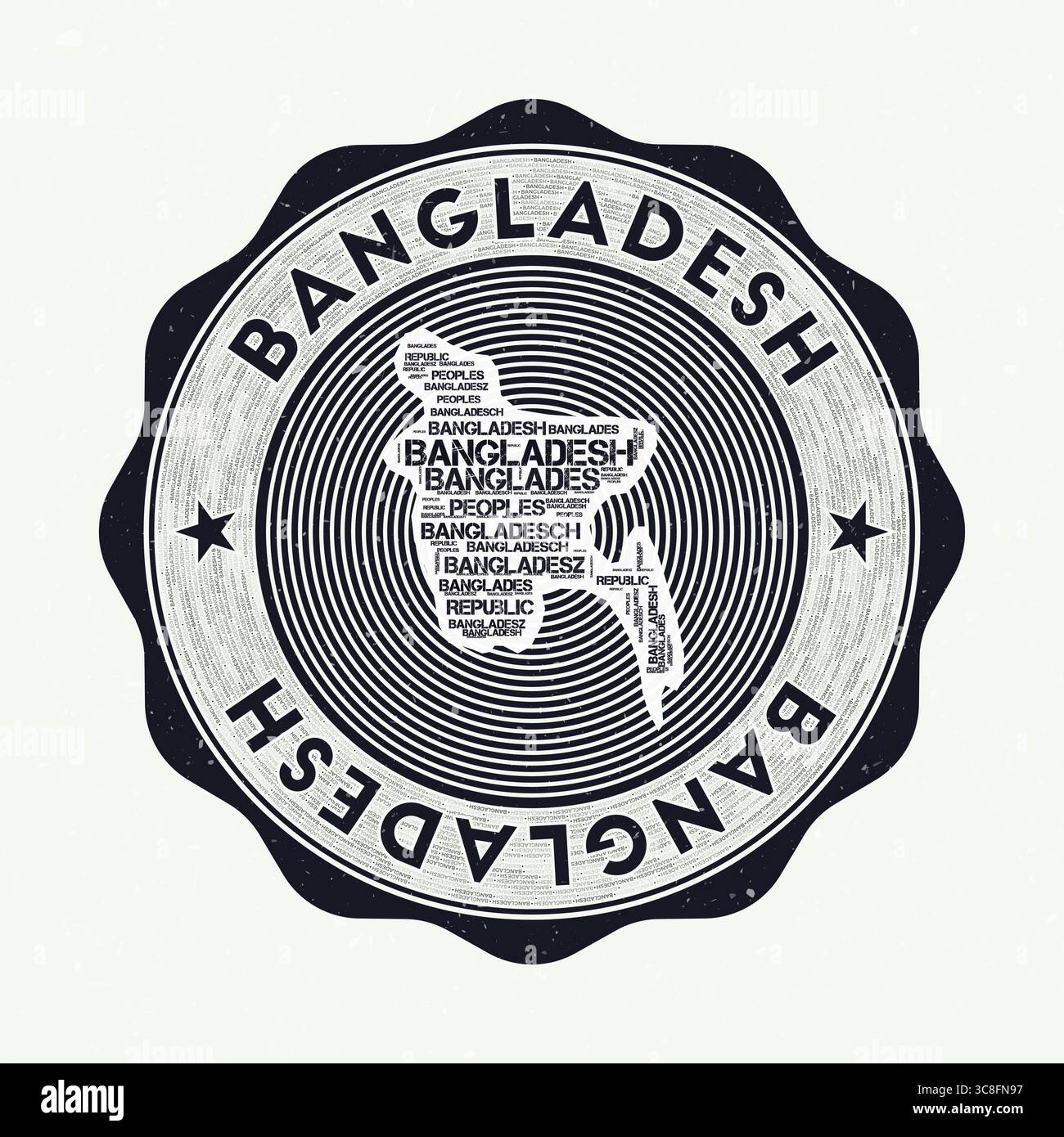 Sceau du Bangladesh. Logo rond du pays avec la forme du Bangladesh et le nom du pays dans plusieurs langues Wordcloud. Bel emblème. Illustration de Vecteur