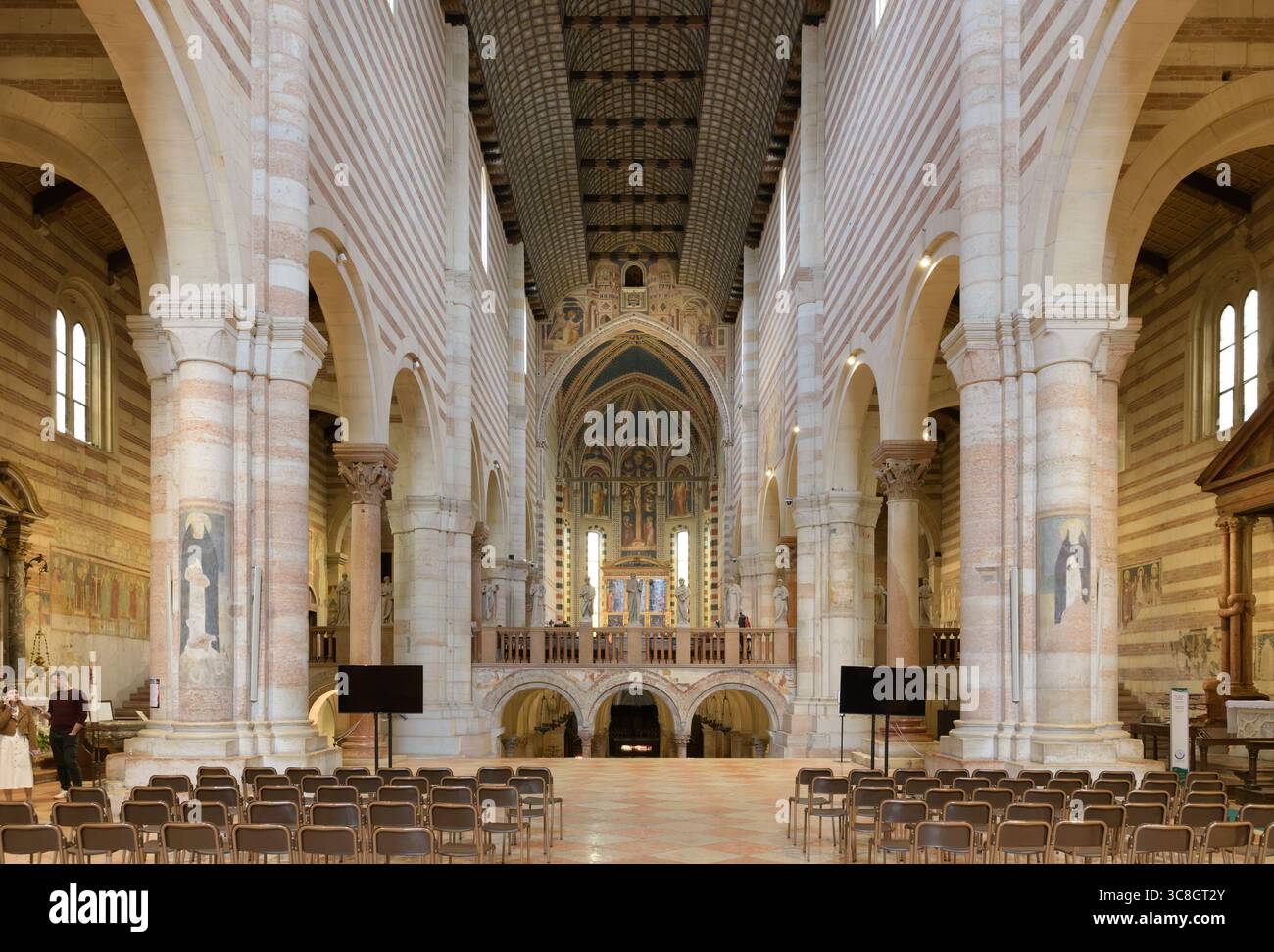 Vue intérieure de la nef de la basilique San Zeno (Basilica di San Zeno) à Vérone, Italie, montrant des murs à rayures romanes, un plafond en bois et un presby surélevé Banque D'Images