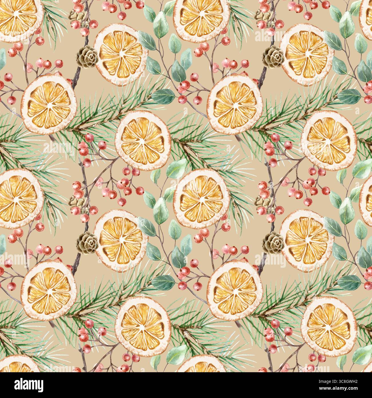 Motif sans couture de Noël avec oranges séchées, branches de sapin, cônes, eucalyptus, brins de baies rouges. Clip art pastel dessiné à la main nouvel an pour la créatine Banque D'Images