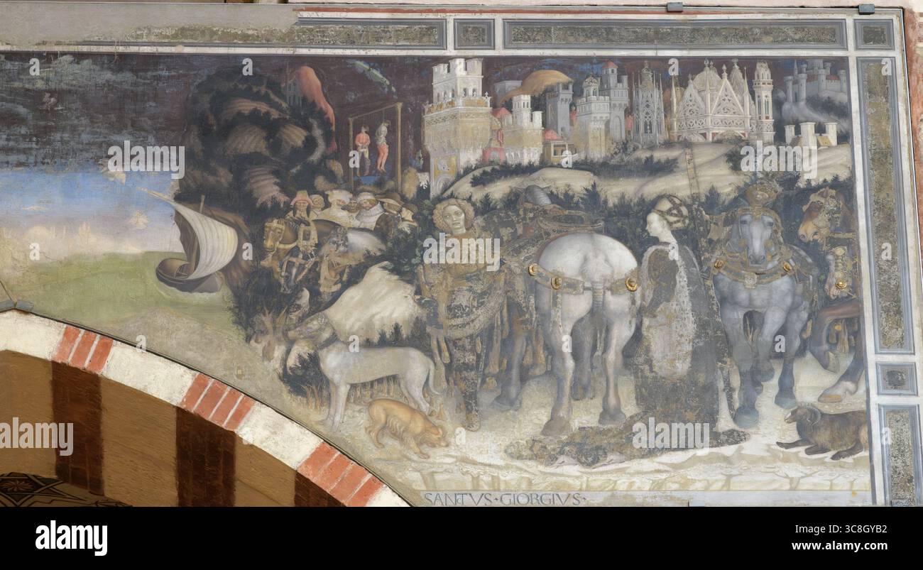 Fresque 'Saint Georges et la Princesse' de Pisanello, Chapelle Pellegrini, Basilique de Sainte Anastasia (Basilica di Santa Anastasia), Vérone, Italie Banque D'Images