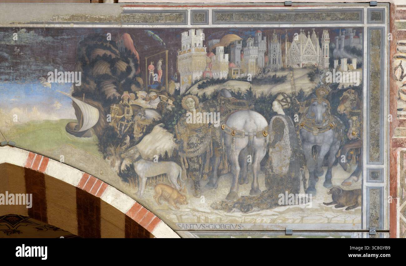 Fresque 'Saint Georges et la Princesse' de Pisanello, Chapelle Pellegrini, Basilique de Sainte Anastasia (Basilica di Santa Anastasia), Vérone, Italie Banque D'Images