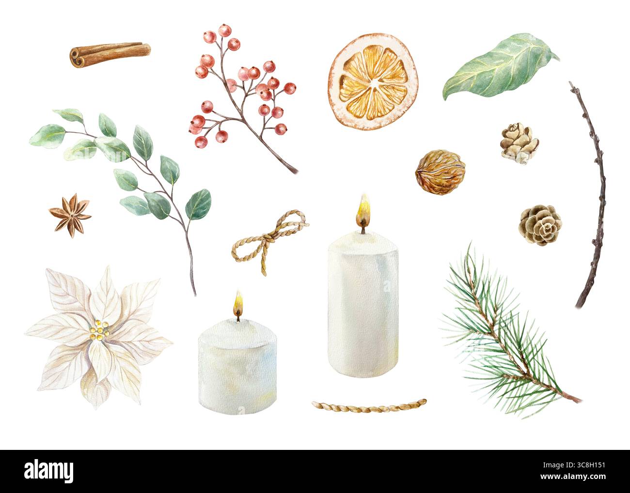 Ensemble de Noël avec bougies, branche de sapin, pommes de pin, poinsettia blanc, brin de baies rouges, orange séchée, cannelle, illustration aquarelle à l'anis étoilé Banque D'Images