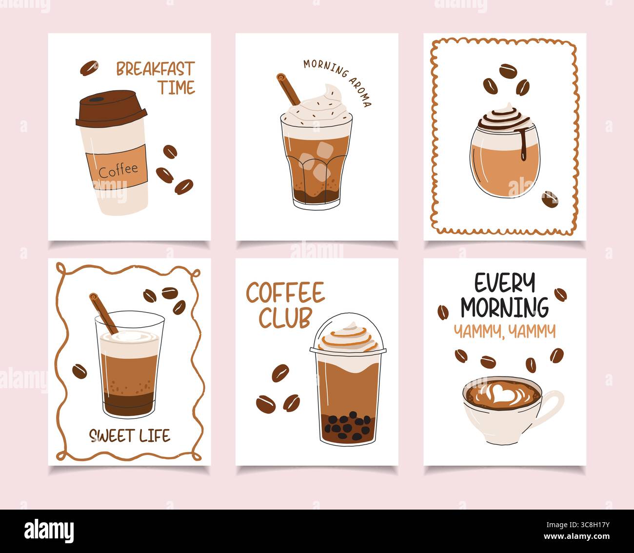 Café dessiné à la main et tendance. Collection de tasses à café. Conception pour affiche, autocollants, cartes Illustration de Vecteur