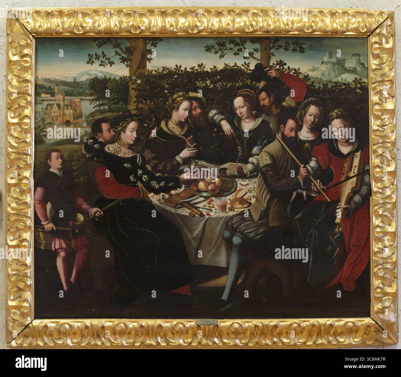 Tableau de scène de banquet par Ambrosius Benson, vers 1520–1550, intitulé 'Concerto a tavola', conservé au Musée Castelvecchio, Vérone, Italie. Banque D'Images