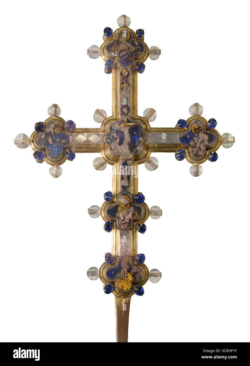Médaillon Croix Crucifix Ancien - Doré Avec Pierres Vertes - Longueur 3,4 Cm - Occasion Vintage