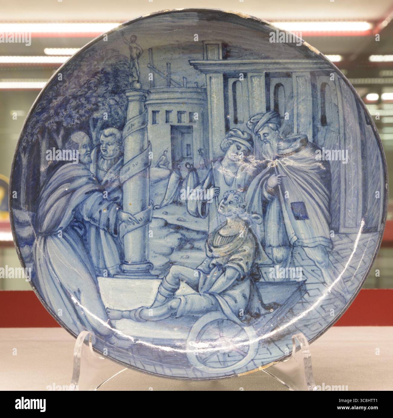 Plaque de maiolica représentant une scène historique, créée après 1520, avant 1540, faisant partie de la collection de maiolica Renaissance de la Perugia Art Foundation Banque D'Images