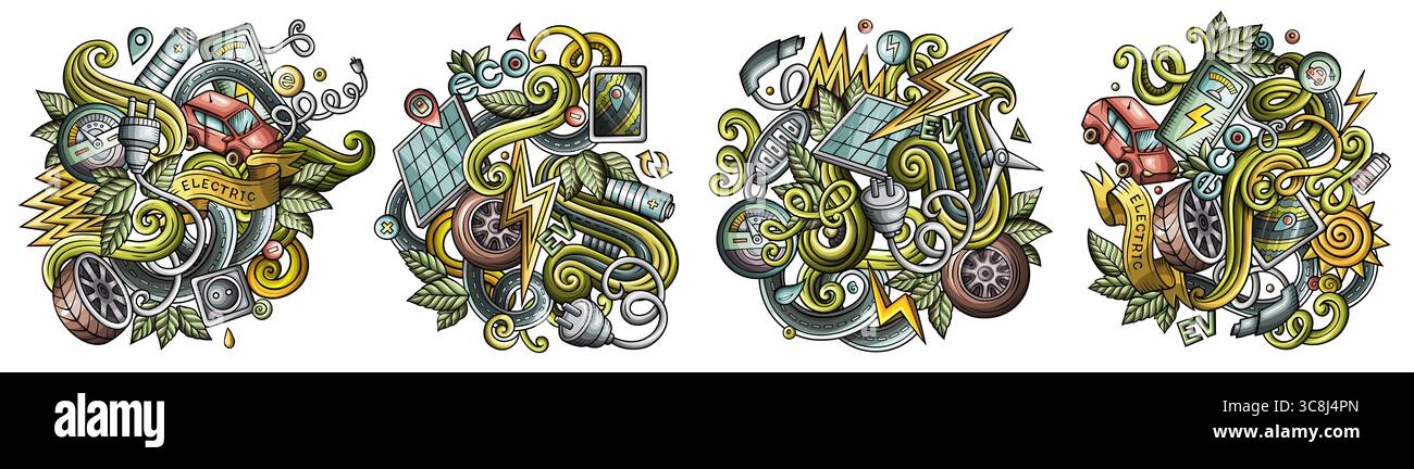 Véhicules électriques vecteur de dessin animé ensemble de conceptions de doodle. Compositions détaillées colorées avec beaucoup d'objets et de symboles EV Illustration de Vecteur