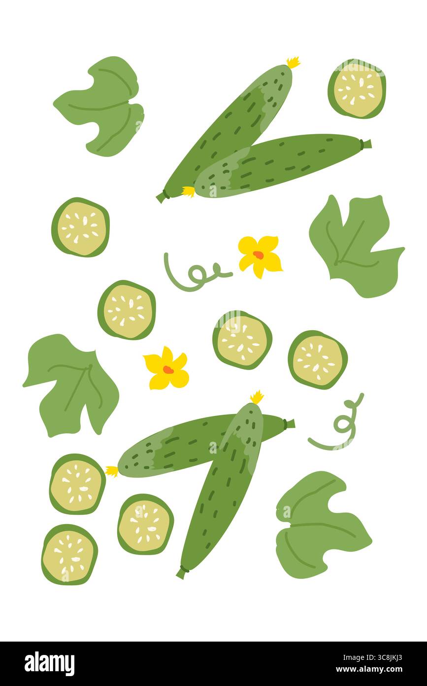 Motif concombre et fleur avec feuilles vertes et fleurs jaunes. Affiche végétale minimale contemporaine avec des couleurs vives. Design vertical moderne. Illustration de Vecteur Motif concombre et fleur avec feuilles vertes et fleurs jaunes. Affiche végétale minimale contemporaine avec des couleurs vives. Design vertical moderne. Illustration de Vecteur