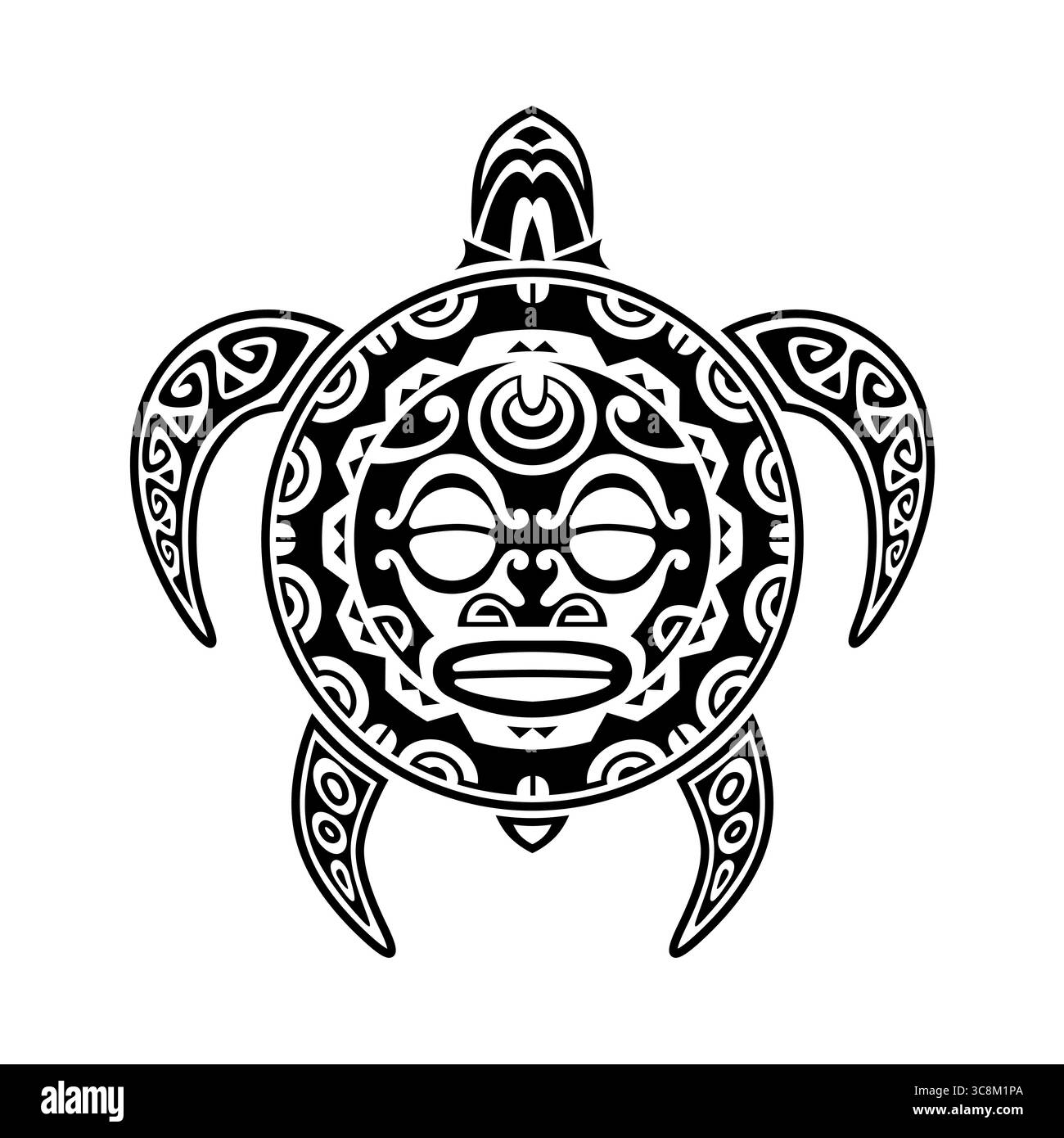 Tortue maorie tribale avec masque facial solaire illustration vectorielle noir et blanc Illustration de Vecteur