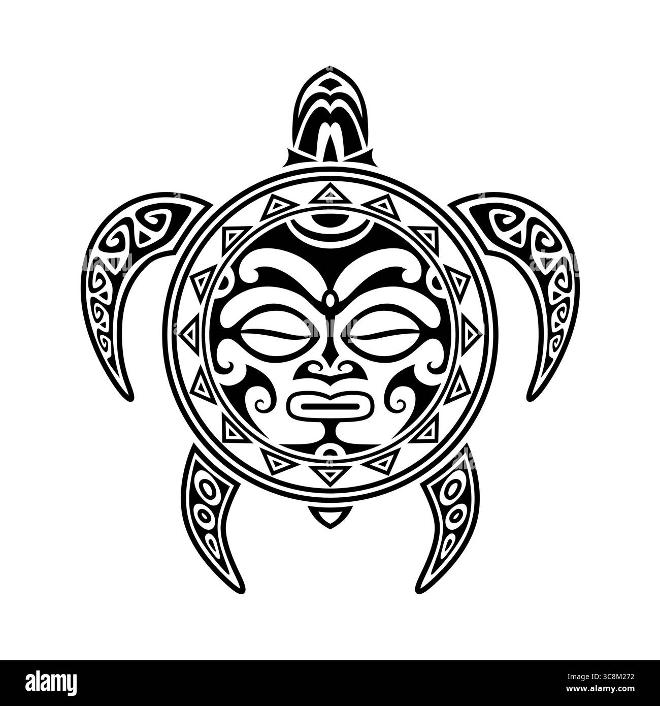 Tortue maorie tribale avec masque facial solaire illustration vectorielle noir et blanc Illustration de Vecteur