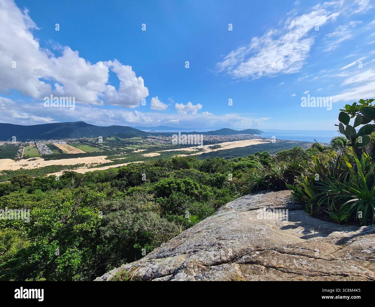 Vue depuis le sommet de Morro das Araças (colline des araignées) à la plage de Santinho à Florianópolis, Santa Catarina, Brésil, par une belle journée ensoleillée avec un bleu - Image de stock capturée avec un smartphone